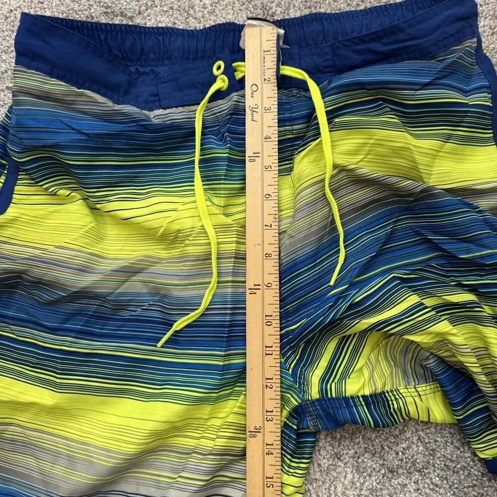 Nike Swim Trunks Mens Large Blue Yellow Striped Board Shorts Pocket Polyester